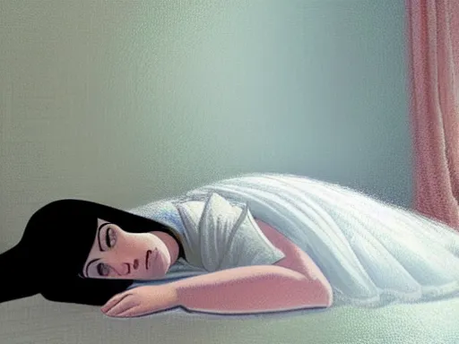 Image similar to room with an little girl with an long black hair dressed in a simple white dress sleeping, anime art style, digital art ilya kuvshinov, inspired by balthus, hd, 4 k, hyper detailed, dark, anatomically correct, angelic face