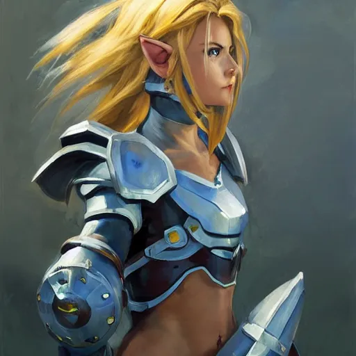Image similar to greg manchess portrait painting of armored female link from legend of zelda as overwatch character, medium shot, asymmetrical, profile picture, organic painting, sunny day, matte painting, bold shapes, hard edges, street art, trending on artstation, by huang guangjian and gil elvgren and sachin teng