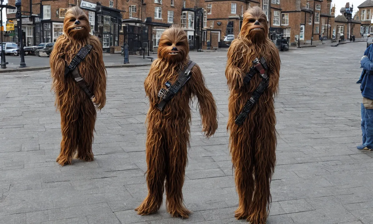 Prompt: photo of one chewbacca standing on the streets of rochester, england