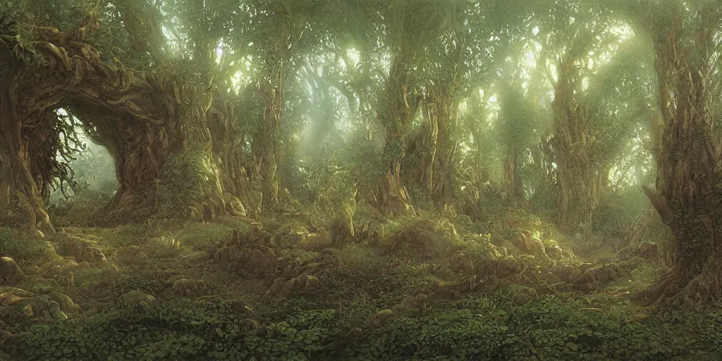 Image similar to Artwork by John Howe of the cinematic view of The Wood of Mirage, a Forest, within which can be found a mucid manor.