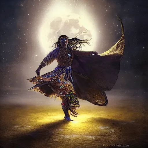 Image similar to a shaman dancing with light, highly detailed moon fills the background, by Raymond Swanland