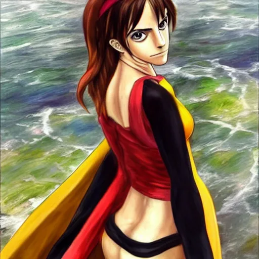 Image similar to beautiful emma watson cosplay as nami from one piece, oil painting, full body.