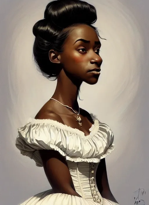 Prompt: a portrait of a young black woman with a crooked nose in victorian clothing, confident pose, intricate, elegant, sharp focus, illustration, highly detailed, concept art, matte, trending on artstation, anime, art by james jean and artgerm and brian despain and alberto mielgo, greg rutkowski, wlop, ilya kuvshinov, strong strokes