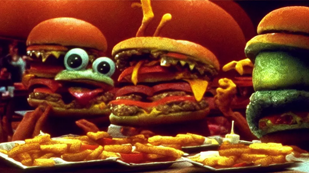 Image similar to the strange cheeseburger creature loves everybody at the fast food place, film still from the movie directed by denis villeneuve and david cronenberg with art direction by salvador dali and zdzisław beksinski, wide lens