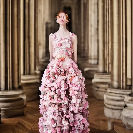 Prompt: Young lady full length shot wearing valentino resort sleeveless dress pink flowers in the style of baroque realism standing inside lourve, 8K, background renaissance paintings with gold