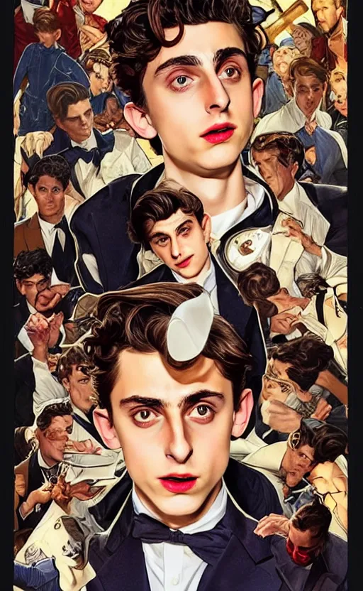 Image similar to Timothee Chalamet as Peter parker, night time, +++ super super super dynamic posing, j.c. leyendecker, Valentina Remenar, thick eyebrows, super serious facial expression