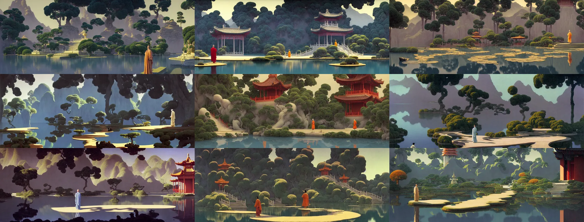 Image similar to a gorgeous landscape painting by barlowe wayne maxfield parrish and marco mazzoni. chinese temple. just one lonely chinese monk in grey blue long gown walks on the winding steps. lotus lake. ultra clear detailed. 3 d, octane render. turbulent blood lake.