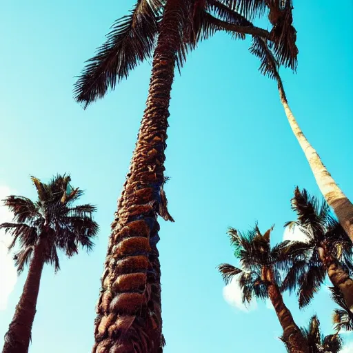 Prompt: twisted palm trees, detached trunks floating floating floating in blue sky, random positions floating, flying