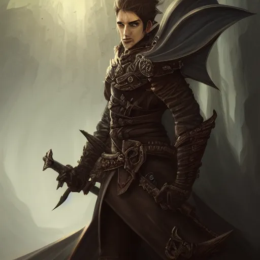 Prompt: detailed portrait, male shadar kai, flyn rider elf rogue, bloodbourne, fine details, realistic shaded, dynamic pose, natural lighting, medium level shot, Mucha style, Grim fantasy, illustration, concept art,