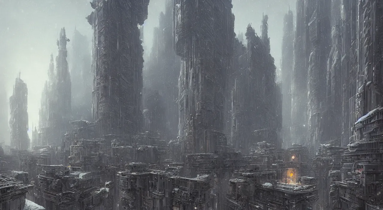 Image similar to highly detailed brutalist architecture city, star wars imperial style, while it's snowing, stephen bliss, unreal engine, fantasy art by greg rutkowski, loish, rhads, ferdinand knab, makoto shinkai, ilya kuvshinov, rossdraws, global illumination, radiant light, detailed and intricate environment