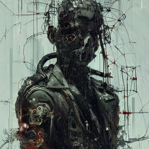 Image similar to cybernetic hunter, cyberpunk, wires, skulls, machines by emil melmoth zdzislaw belsinki craig mullins yoji shinkawa realistic render ominous detailed photo atmospheric by jeremy mann francis bacon and agnes cecile ink drips paint smears digital glitches glitchart