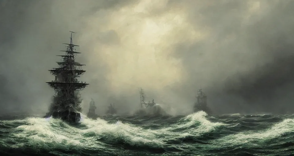 Image similar to giant enormous sailing battleship, raging sea foggy, dramatic, action scene, stormy background, shipfleet on the horizon, high detail, greg rutkowski, james gurney, gene wolfe, gustave dore, jesper ejsing, rhads, makoto shinkai, ilya kuvshinov