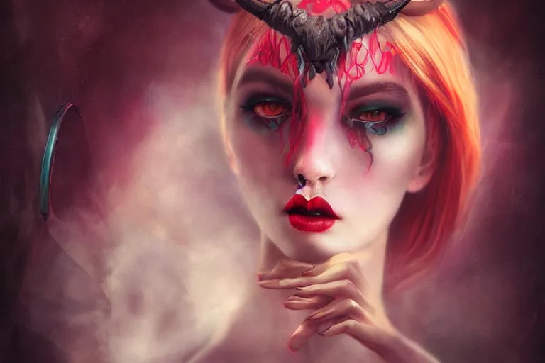 Image similar to pretty demon girl with horns photograph in the style of tom bagshaw, colorful, realistic, 8 k