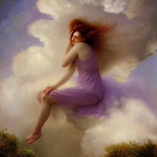 Image similar to A beautiful body art of a castle in the clouds. pale violet by Thomas Benjamin Kennington turbulent, harrowing