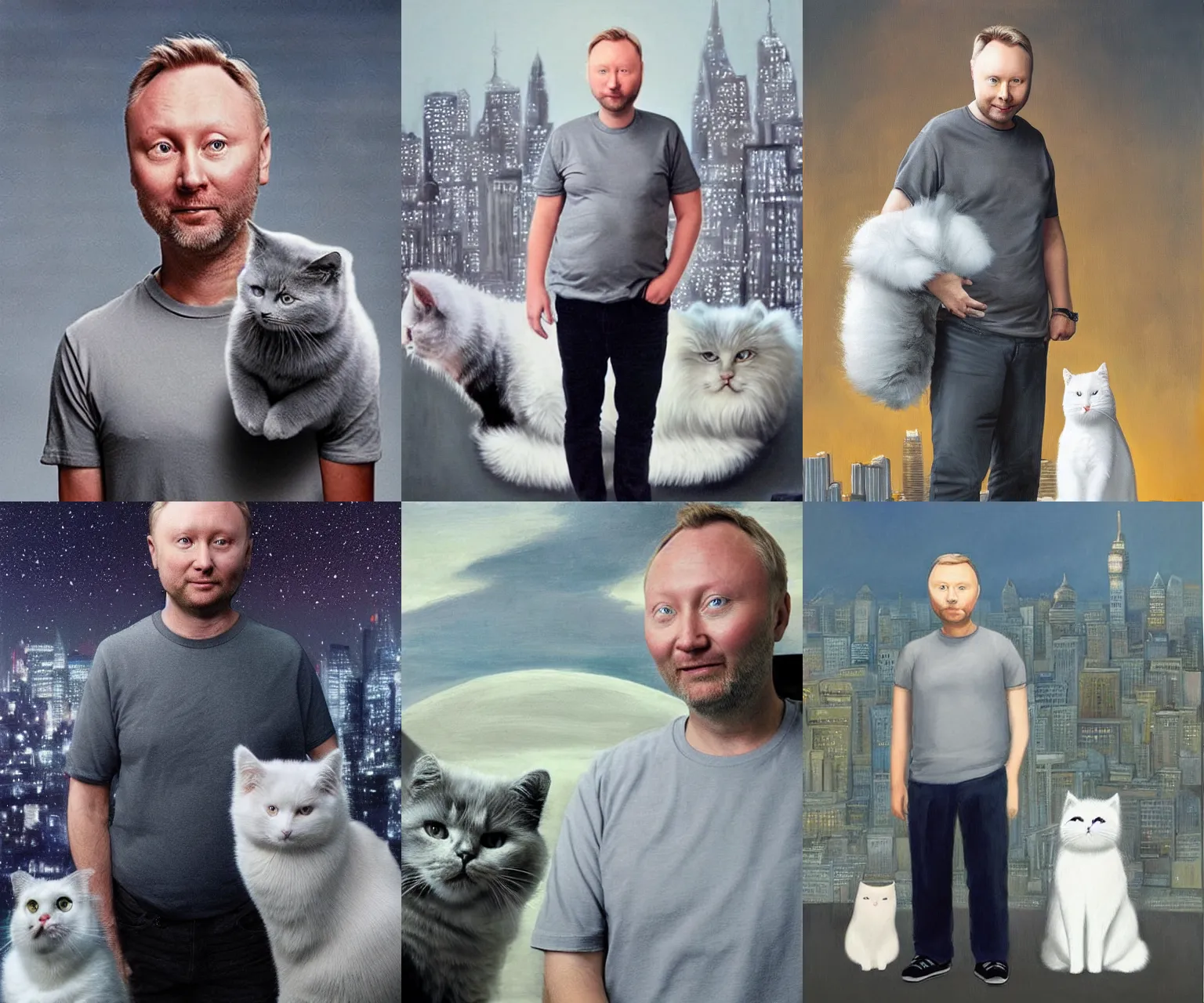 Prompt: a white man with dark grey hair that looks exactly like limmy wearing a grey tshirt standing beside his fluffy white cat, night city background, epic painting by James gurney