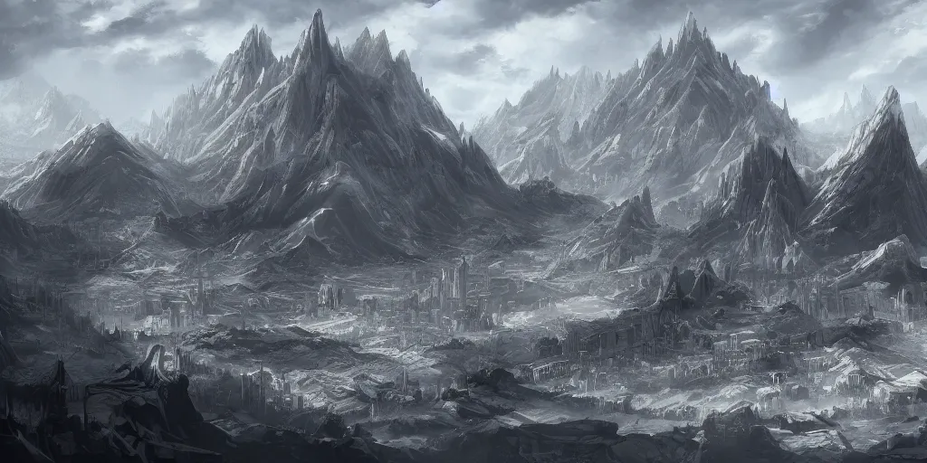 Image similar to landscape view of a mountain with a huge city at the top, concept art, kitbashed, sensible framing, technically a drawing,