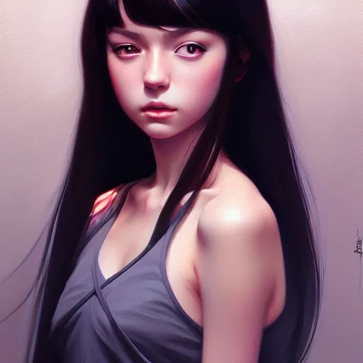 Image similar to a beautiful girl with long black hair, sharp focus, intricate, digital painting, artstation, highly detailed, ambient lighting, portrait by Studio Ghibli, artgerm, Ilya Kuvshinov, and Greg Rutkowski