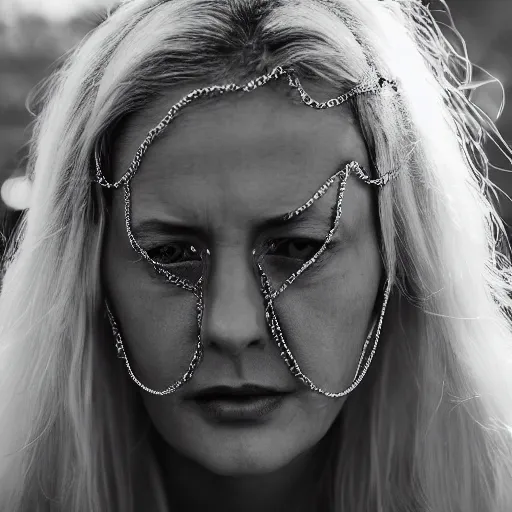 Prompt: portrait of a woman, sliver chains on face, white hair, natural, light makeup, cinematic, cinematic, focus