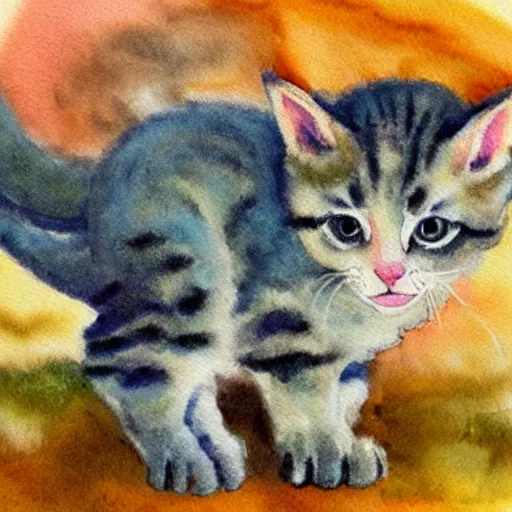 Prompt: a kitten dinosaur hybrid!!, watercolor painting