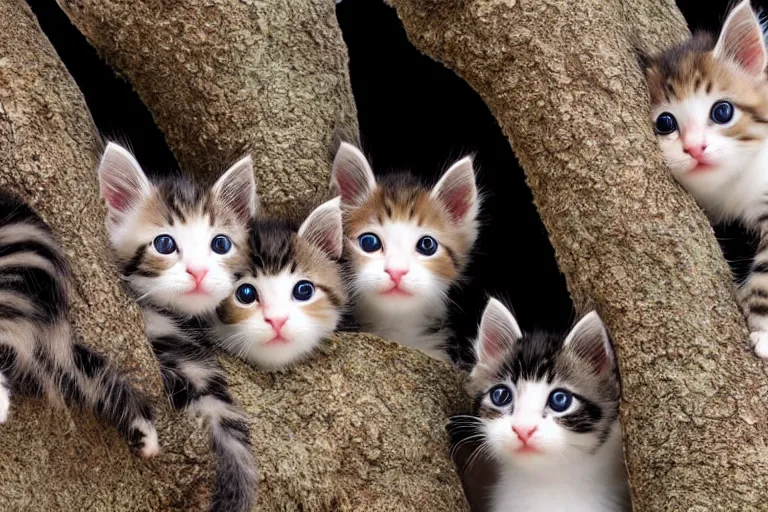 Prompt: kittens that are in a tree and the kittens are looking directly into the camera