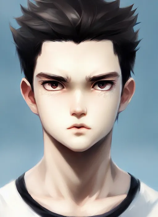 Prompt: detailed portrait art of boy with white three to seven hair, art by ross tran ilya kuvshinov krenz cushart, wear a white shirt, the left eye is black, the right eye is blue, and the bone is exposed on the right forehead, very detailed, intricate, digital anime art, sharp focus