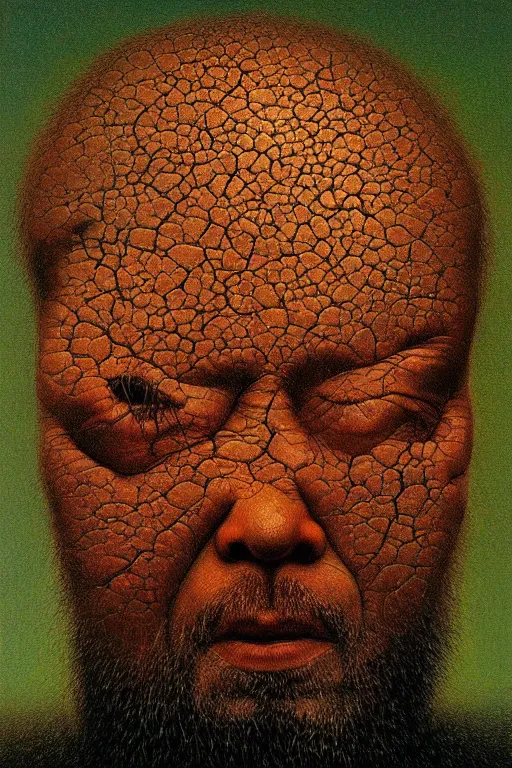 Image similar to ascii art, hyperrealism oil painting, portrait scary ai weiwei style zdzislaw beksinski