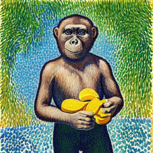 Image similar to photorealistic australopithecus holding a banana in modern - day france. by paul signac