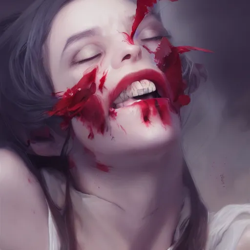 Image similar to a vampire covering her eyes, ultra high detailed, oil painting, greg rutkowski, charlie bowater, yuumei, yanjun cheng, unreal 5, daz, hyperrealistic, octane render, rpg portrait, dynamic lighting