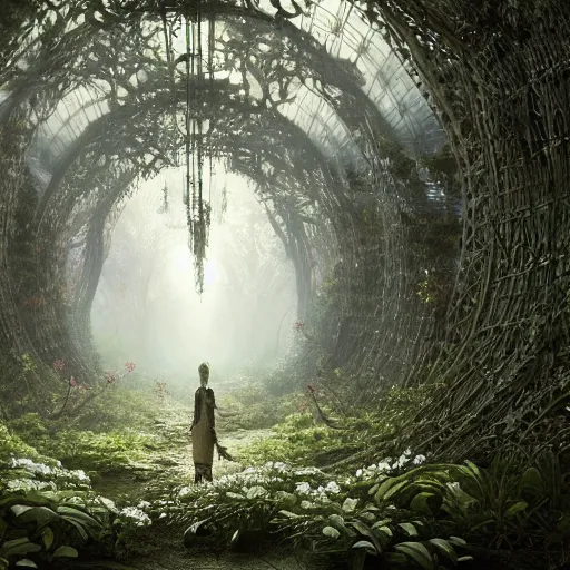 Image similar to biocomputer organs inside a bioneural antique lace in a biomechanical forest with biocomputer flowers, epic environment, matte painting, diffused lighting, highly detailed cinematic, epic atmosphere, diffused lighting, highly detailed digital art, trending on artstation, depth of field, wide angle