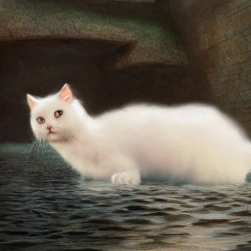 Prompt: white fluffy cat rising from the water. view from behind, wide angle view, back view. nuri iyem, james gurney, james jean, greg rutkowski. trending on artstation, starlight, and enchanted dreams