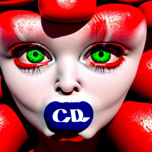 Image similar to 3 d render of the coke logo personified as a soda themed girl, large creepy eyes, extremely detailed and colorful eyes, soda themed girl, hyper detailed money sign pupils, tim burton, junji ito, her forehead has the coke logo carved into it, dollar sign pupils, extremely uncomfortable, money everywhere, cash falling, coke flood, blender 3 d, unreal engine