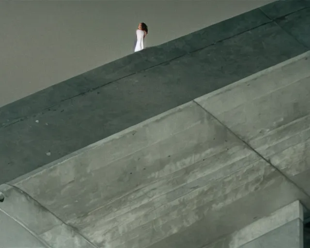 Prompt: a still of a young woman standing on a huge concrete white deck, high above the ground, of a minimalist beach house, outside view, low angle, clear sky and background, in the music video Wrapped Around your Finger (1983)