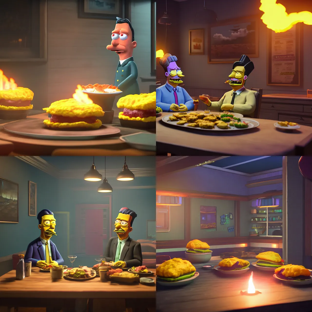 Prompt: Steamed hams cinematic, volumetric lighting, dramatic ambient lighting, high detail, octane render, unreal engine, 8k, Vibrant colors, Smooth gradients, professional photo,