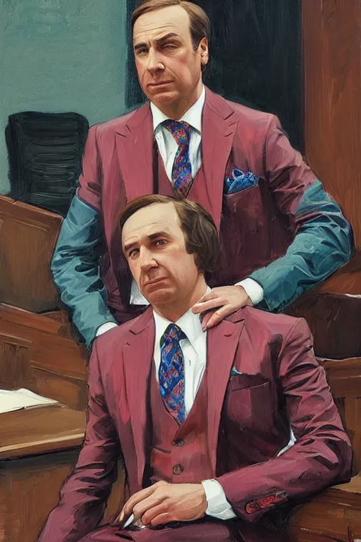 Prompt: saul goodman wearing colorful suit in courtroom, painting by jc leyendecker!!!, angular!!, brush strokes, painterly, vintage, crisp