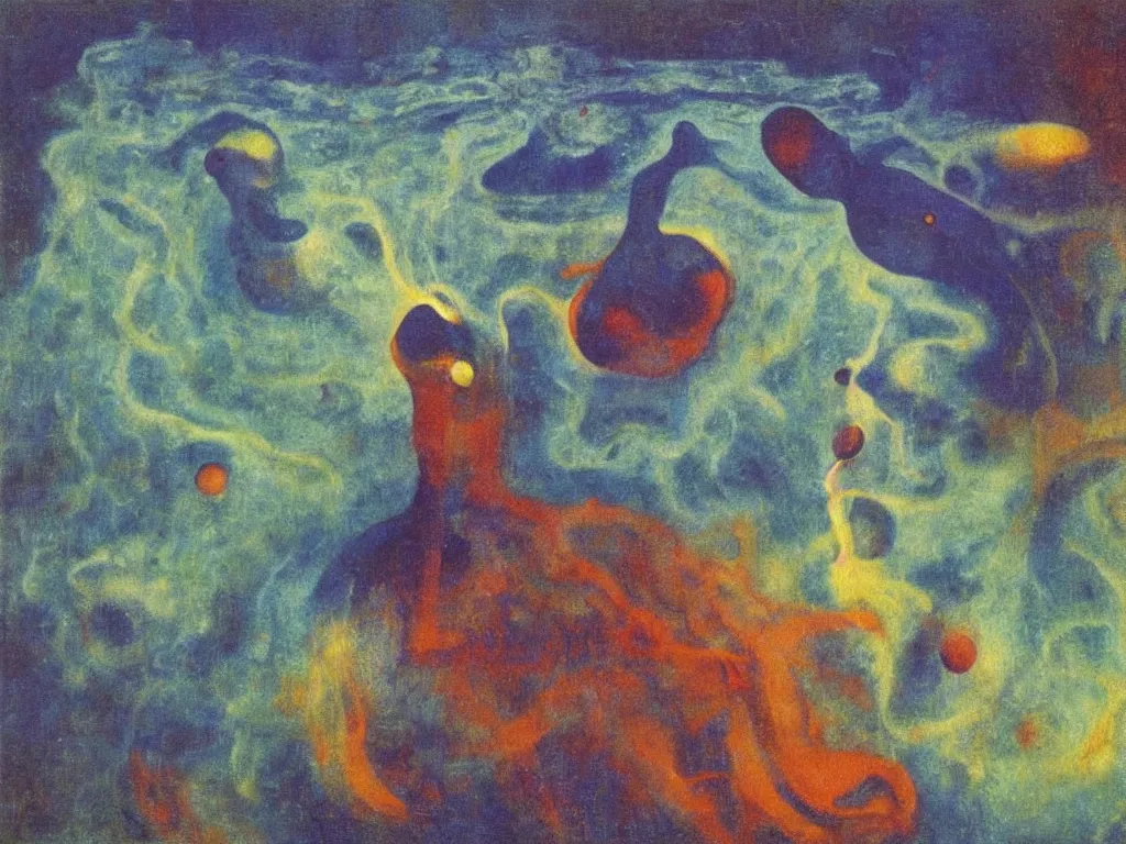 Image similar to alien creature of the blue flame near the turbulent river. painting by mikalojus konstantinas ciurlionis, bosch, max ernst, agnes pelton, rene magritte