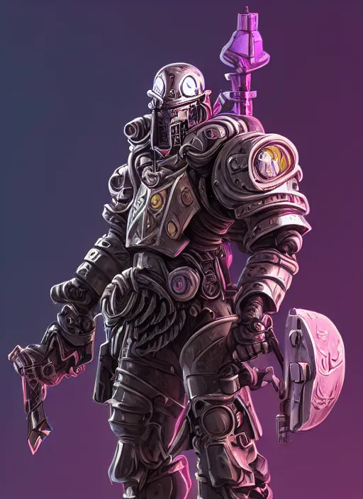 Prompt: a highly detailed illustration of dieselpunk cyber knight with machine gun arms, rigid bulky armor, purple glowing core in armor, dramatic standing pose, intricate, elegant, highly detailed, centered, digital painting, artstation, concept art, smooth, sharp focus, league of legends concept art, WLOP