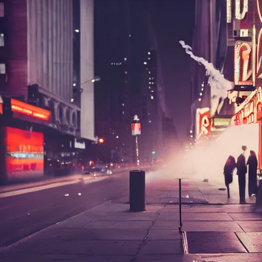 Image similar to digital art of a ghost smoking a cigarette on NYC sidewalk, city lights, trending on artstation, 8k, 4k, volumetric lighting, smooth sharp focus, lighthearted, cinematic composition, hd