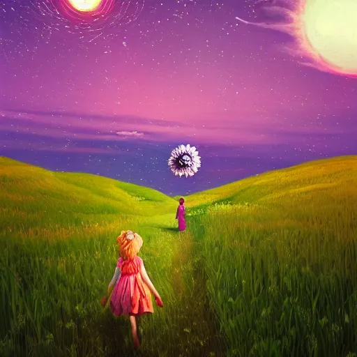 Image similar to giant daisy flower as a head, girl walking in wheat field, hills, surreal photography, moon light, dark night, star trails, dramatic light, impressionist painting, clouds, digital painting, artstation, simon stalenhag