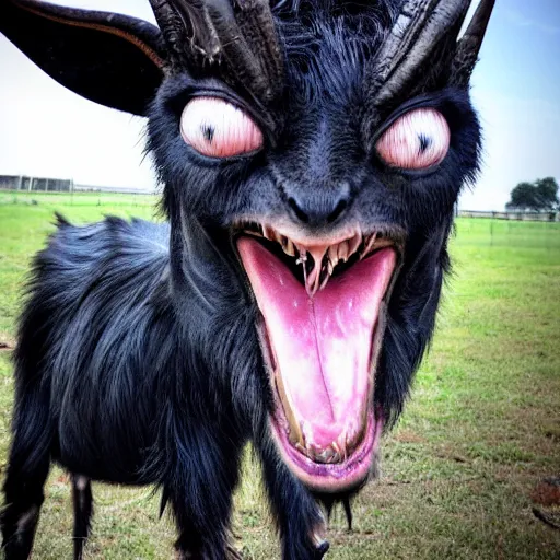 Image similar to screeching mutant goat monster with bug sharp teeth and filthy white matted fur