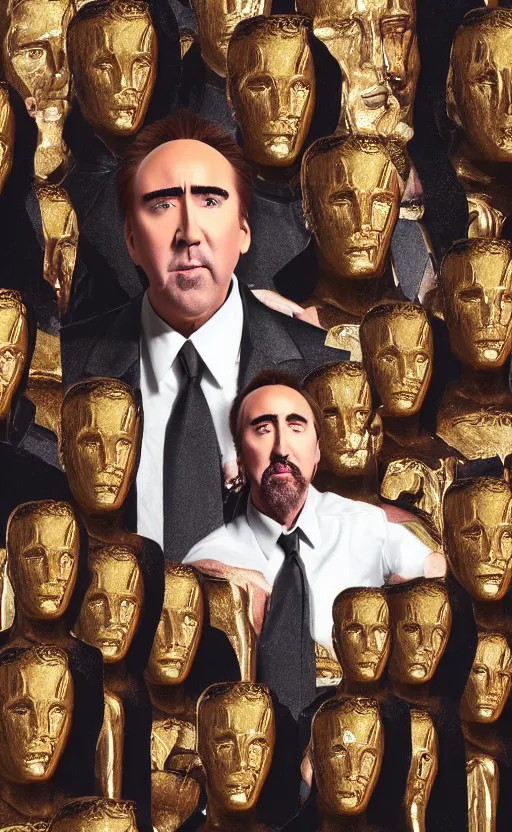 Prompt: nicolas cage surrounded by Oscar statues. Smiling face. Cinematic, hyper realism, realistic proportions, volumetric lighting, high detail 4k.