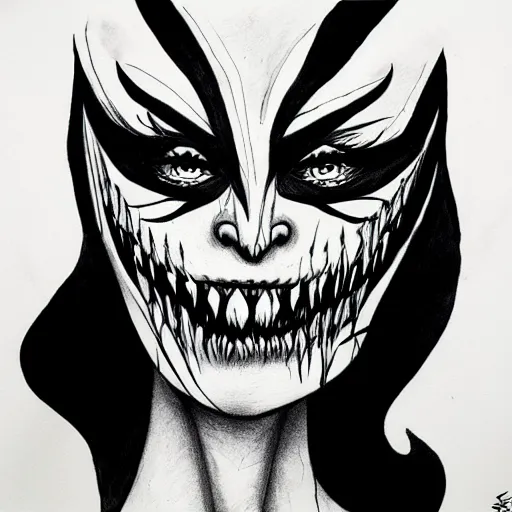 Image similar to an ink drawing of cracked white mask, scary smile, deviant art, artgerm