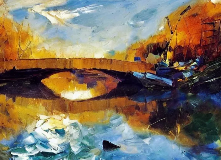 Image similar to palette knife, impasto oil painting of calm river with wooden boat, stone bridge, by hans hofmann, by frank auerbach, thick paint brush strokes, art by anders zorn, wonderful masterpiece by greg rutkowski, beautiful cinematic light, american romanticism by greg manchess, creation by tyler edlin