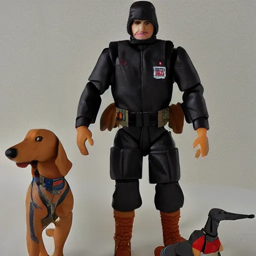 Image similar to G.I. Joe action figure. Articulated plastic dachshund