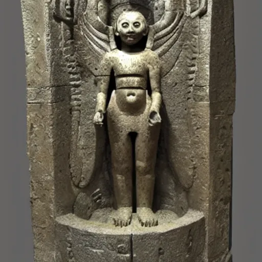 Image similar to futuristic ancient astronaut arrived through a portal, ancient statue in museum