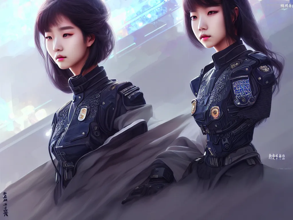 Image similar to portrait jisoo, futuristic koeran police uniform female, at future neon light rooftop, ssci - fi and fantasy, intricate and very very beautiful and elegant, highly detailed, digital painting, artstation, concept art, smooth and sharp focus, illustration, art by tan zi and ayanamikodon and alphonse mucha and wlop