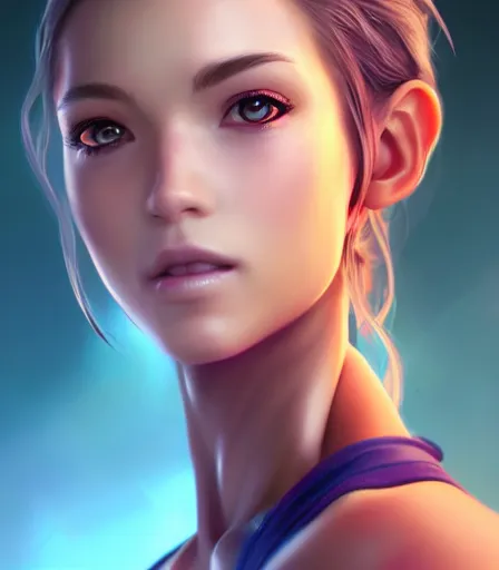 Image similar to beautiful portrait of a gorgeous personal trainer who looks like Lulu , character design by charlie bowater, ross tran, artgerm, and makoto shinkai, detailed, soft lighting, rendered in octane