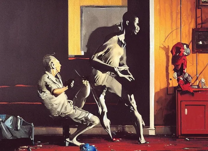 Prompt: a still from the film million dollar baby by francis bacon, surreal, norman rockwell and james jean, greg hildebrandt, and mark brooks, triadic color scheme, by greg rutkowski, in the style of francis bacon and syd mead and edward hopper and norman rockwell and beksinski, dark surrealism, open ceiling