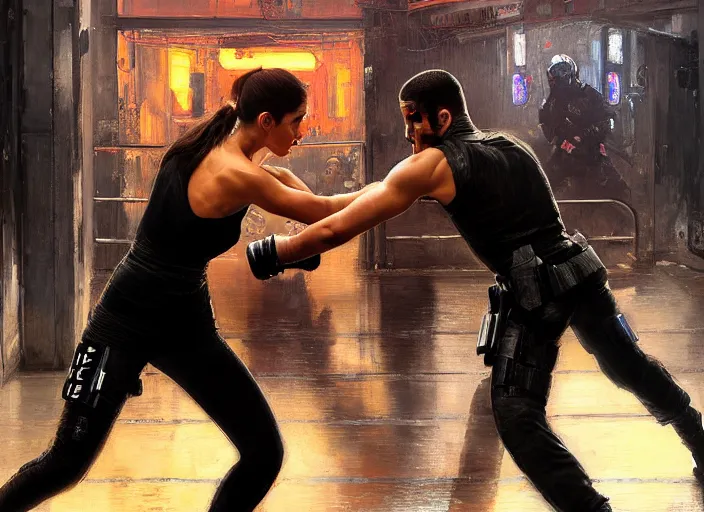 Image similar to Maria fights sgt Nash. Cyberpunk hacker in orange jumpsuit fighting menacing police troopers (blade runner 2049). beautiful face. kickboxing. Orientalist portrait by john william waterhouse and James Gurney and Theodore Ralli and Nasreddine Dinet, oil on canvas. Cinematic, hyper realism, realistic proportions, dramatic lighting, high detail 4k