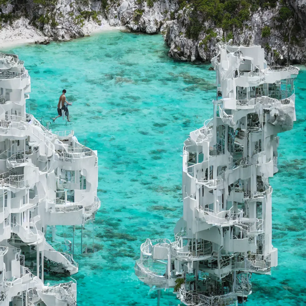 Prompt: elegant, wondrous, eclectic, AWESOME, beautiful photograph of a plain white building surrounded by turquoise water. a man walks down a staircase from the building\'s only door into the water. vfx, control the soul, postprocessing