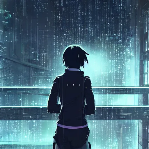 Image similar to android cyborg in urban dystopia makoto shinkai raining